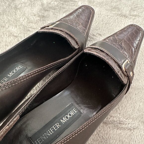 Vintage Jennifer Moore Brown Croc Embossed Square Toe Buckle Kitten Heels 7 - Picture 7 of 7